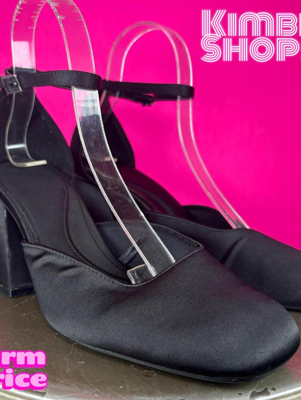 Zara Black Satin Square Toe Block Heel Ankle Strap Pump EU 39 US 8